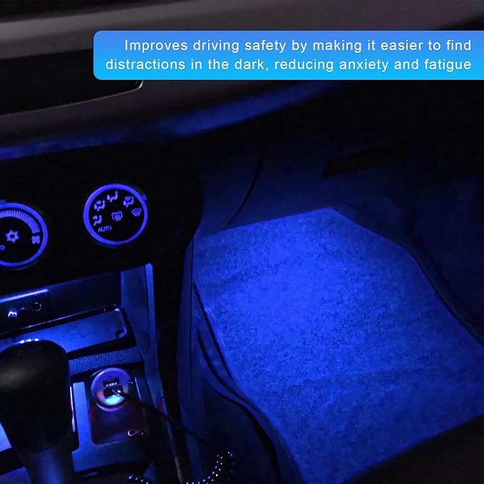 Car LED Strip Light, 12V 24 LEDs RGB Car Interior Atmosphere Lamp with USB Port, Vehicle Under Dash Floor Ambient Night Decorative Lighting Kit (Blue) - Image 4