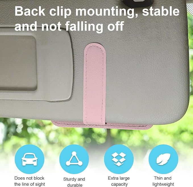 Dickno Small Leather Car Sun Visor Organizer, Multifunctional Auto Visor Document Holder with Sunglasses Clip, Universal Car Interior Organizer for Drving License, Card, Pen (Pink) - Image 5