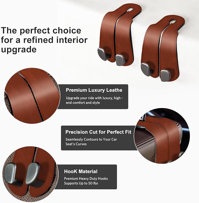 CoBak Purse Hook for Car - Universal Premium Stitched Leather and Aluminum-Magnesium Alloy Double Car Seat Back Storage Hook for Purses, Handbags, Bags (2 Pack),Russet Brown - Image 3
