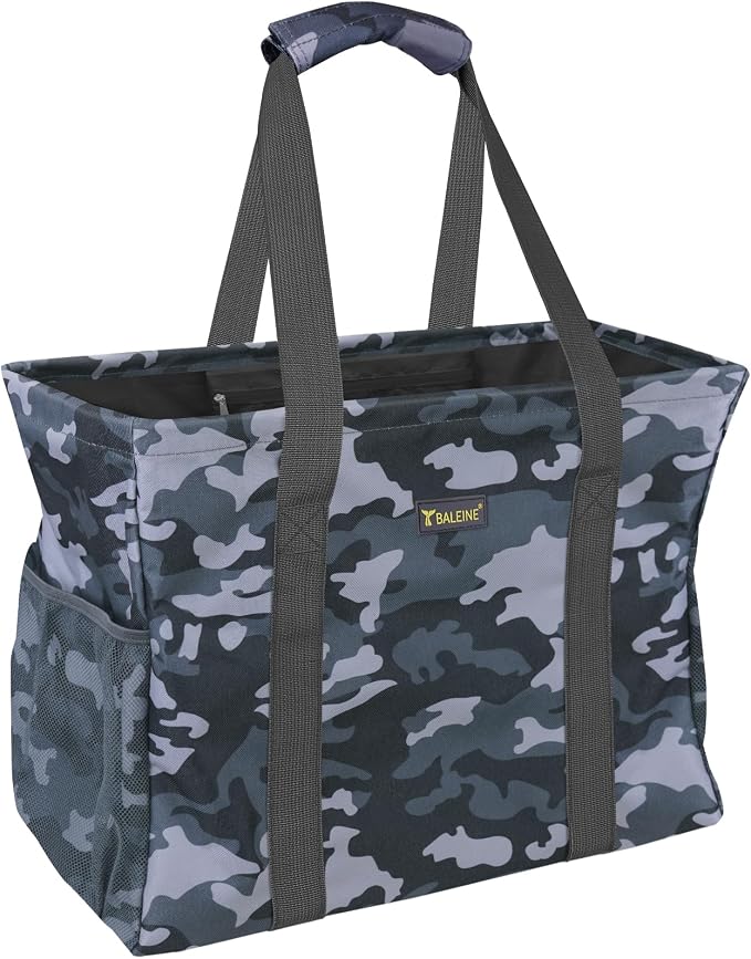BALEINE Extra Large Utility Tote Bag with Reinforced Wire Frame, Reusable Grocery Bag for Shopping, Picnic (Grey Camouflage, 16.5''x14''x10'') by BALEINE
