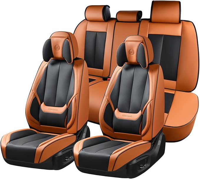 Coverado Universal Seat Covers Full Set, 5 Seats Universal Seat Covers for Cars, Waterproof Nappa Leather Car Seat Covers with Head Pillow, Auto Protectors Fit for Most SUV Pick-up Truck-Black&Brown by COVERADOAUTO