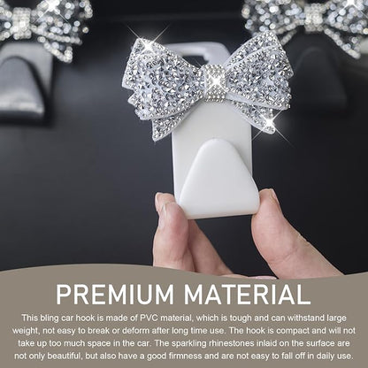 2 PCS Bling Car Seat Headrest Hooks, S Type Crystal Rhinestone Bow Vehicle Seat Back Storage Hooks for Purses Bags Groceries, Universal Diamond Car Rear Seat Organizer (White) - Image 4
