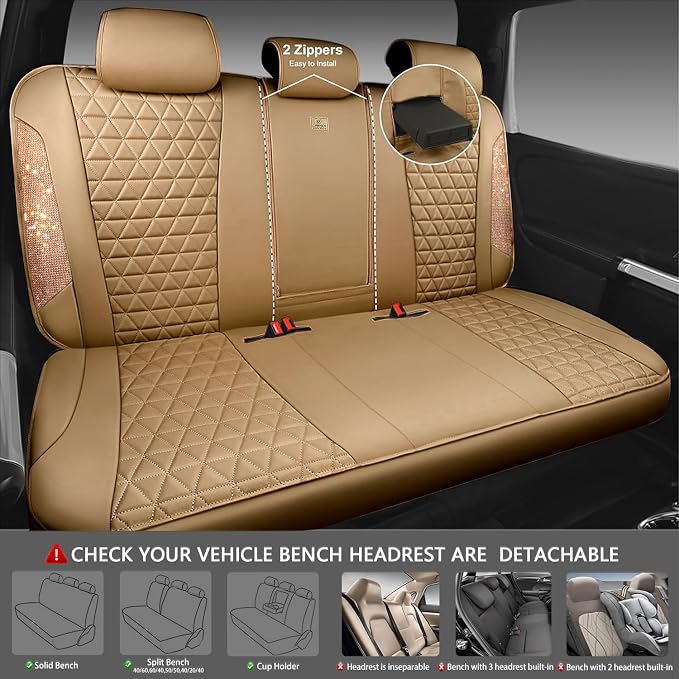 CAR PASS Bling Diamond Beige Leather Car Seat Covers Full Sets Interior Set, Waterproof Shining Glitter Sparkly Crystal Universal Armrest Fit for Automotive Truck SUV Cute Women Girl, Beige Rhinestone - Image 4