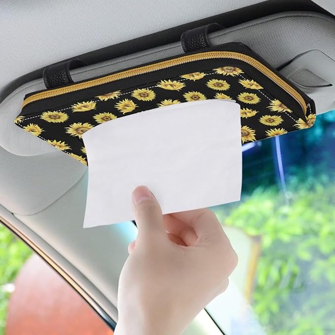 Biyejit 2 Pack Car Tissue Holder, Sunflower Pattern Sun Visor Napkin Holder, Car Visor Tissue Holder, PU Leather Backseat Tissue case Holder for car, Vehicle - Image 3