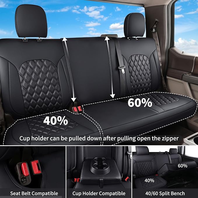 Huidasource Silverado Back Row Car Seat Covers, Split Rear Bench Seat Cushion Cover Fit for Chevy Silverado GMC Sierra 1500 2007-2013&2019-2026, 2020-2026 2500/3500HD Crew Cab WT LS LT(Back Row/Black) - Image 3