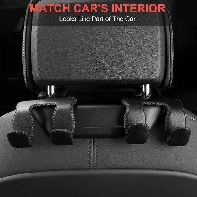 AMVOYOA 【2021 Upgraded】 Car Purse Hook, 2 in 1 Car Seat Headrest Hooks Durable Hanger Storage Holder Leather Organizer for Hanging Grocery Bags, 1 Pack, Beige - Image 2