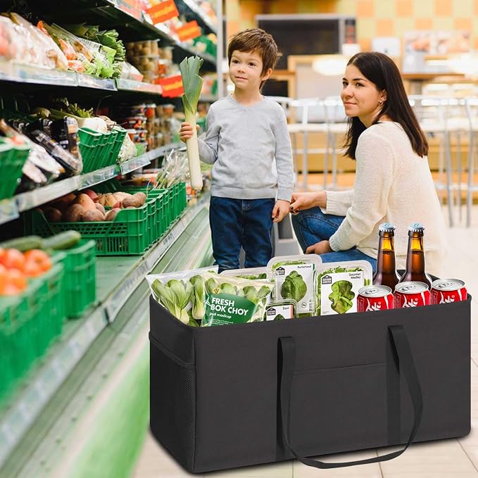 LHZK Standing Extra Large Utility Tote Bag with Metal Wire Frame and the Sides Rinforced, Extra Large Tote Bag with Handle, Reusable Grocery Bags Foldable, Beach Bag, Car Tote (Black) | Metal Wire Frame - Image 2