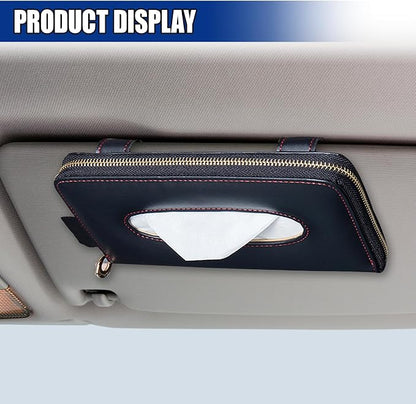 Car Tissue Holder, Leather Car Sun Visor Napkin Box with Tissue Refill, Auto Backseat Paper Carton Mask Dispenser with Zipper, Universal Hanging Vehicle Towel Clip for RV, SUV, Truck (Black) - Image 4