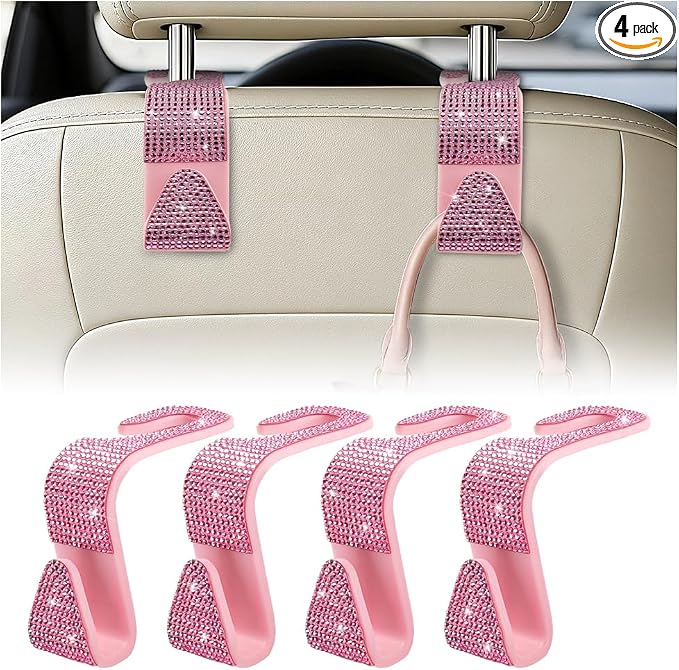 HZEL 4PCS Crystal Rhinestone Vehicle Headrest Hooks for Bags, Pink | plastic and rhinestone build, snap-on headrest mounting, holds bags and umbrellas, uses seatback space, fits vehicles by Unknown