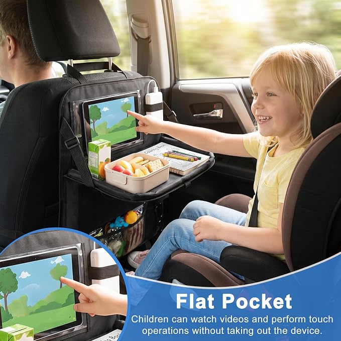 Backseat Car Organizer with Foldable Tray, Car Seat Organizer and Storage | Seat Back Protector Kick Mats, Universal Vehicle Travel Accessories with 2 Hooks for Kids and Family - Image 3