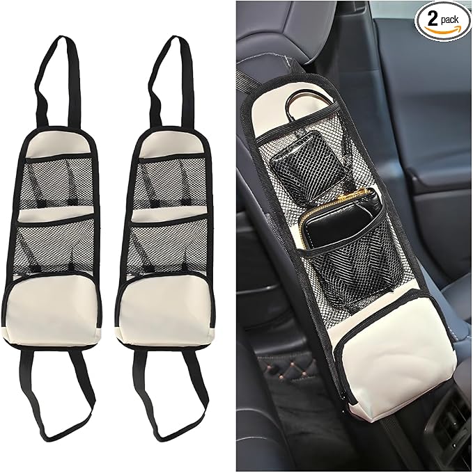 Car Seat Side Organizer, 2PCS Multi-Pocket Vehicle Front Seat Storage Hanging Bag with Mesh Net Pocket, Multifunctional Automotive Stuff Holder, Universal for SUV RV Truck (White) by Norkmdi