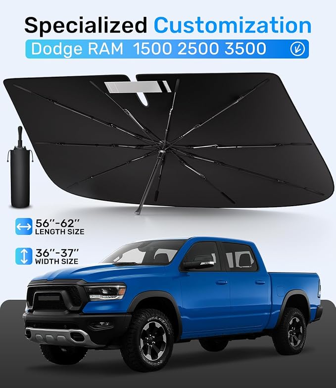 Zanch Upgrade Windshield Sun Shade, Custom Fit for Dodge RAM 1500 2500 3500 [Titanium-Silver Reflective Coating] Blocks 99% UV & Heat, Sunshade Umbrella for RAM 1500 2500 3500, 2015...2023 2024 2025 - Image 7