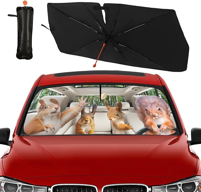 Socira Funny Squirrels Car Windshield Sunshade Umbrella Foldable Visor | Umbrella Sun Shade Cover Funny Animal Sunshade Front Window Cover Squirrels Car Accessories Blocks Uv Rays 57" X 30" - Image 9