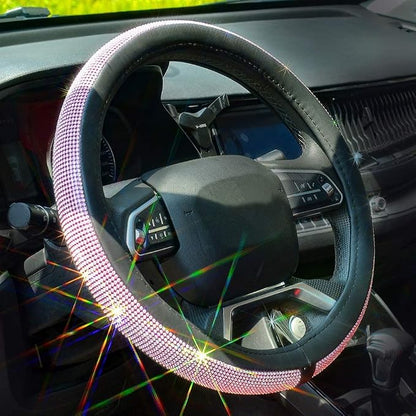 ChuLian New Diamond Leather Steering Wheel Cover with Bling Crystal | Universal Fit 15 Inch Car Wheel Protector for Women Girls with Bling Rhinestones Pink & White Diamond by ChuLian