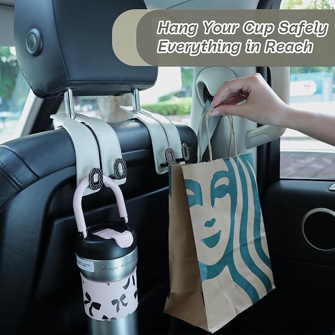 Car Headrest Hooks Universal Car Purse Hook Premium Leather and Alloy Twin Hook Car Seat Back Storage Hanger Hook for Purse Bags Cloth Drink Durable Holder Car Accessories (BH09-White-Black-4 Pcs) - Image 7