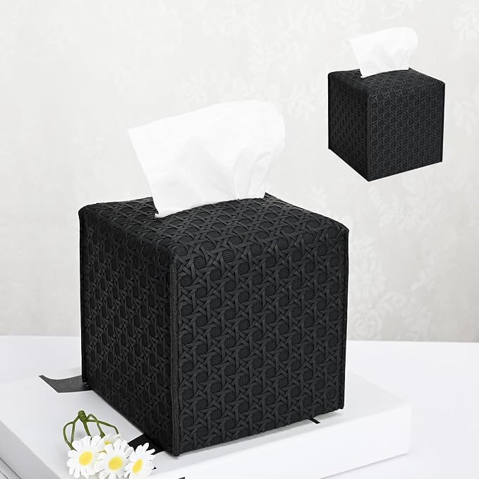 HOMOTEK 2 Pack Tissue Box Cover, Square PU Leather Tissue Holder, Decorative Facial Tissue Cube Paper Organizer Dispenser for Bathroom, Night Stands, Desk, Car 5X5X5'' - Rattan Weave,Dark Black by HOMOTEK