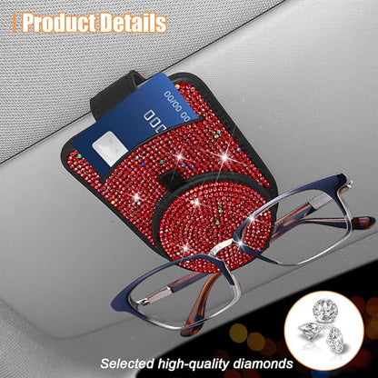 Bling Sunglasses Holder for Car Visor, Genuine Leather Crystal Rhinestone Vehicle Eyeglasses Clip Mount Hanger, Auto Ticket Card Origanizer for Women Girls, Universal Fit (Red) - Image 5