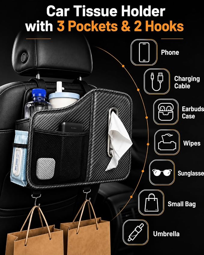 Car Tissue Holder, Leather Back Seat Organizer with Cup Holder & 2 Hooks | | Fits 100-160 Count Tissue Boxes, Keeps Drinks & Small Items Within Reach,3 Storage Pockets, Secure Headrest Mount - Image 6