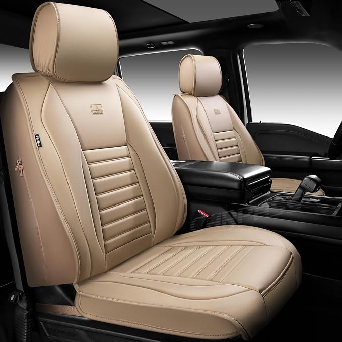 CAR PASS Nappa Leather Car Seat Covers Full Set, Luxury Seat Protector for Cars, Waterproof Anti-Slip Car Seat Cushion Armrest Compatible Airbag Universal for Sedan SUV Pick-up Truck Automotive, Beige - Image 2