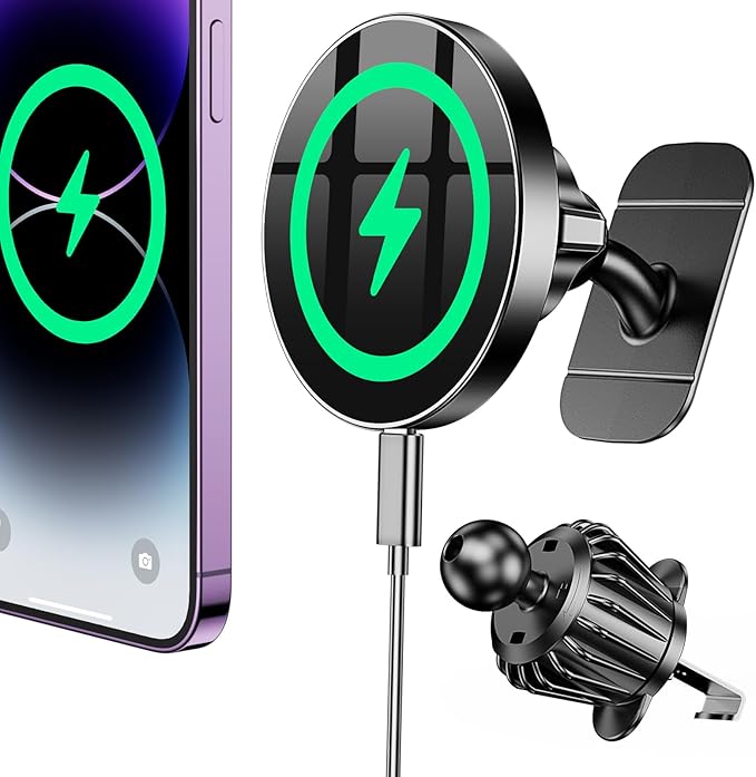 Coolpow Magsafe Car Mount Charger, Magnetic Wireless Car Charger for iPhone | Magsafe Car Charger Magnetic Phone Holders for Your Car Accessories Car Phone Holder Mount for iPhone 17 16 15 (Black) by Coolpow