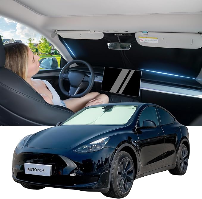 Windshield Sun Shade for Tesla Model Y/Juniper and Model 3/Highland, Beige | Fits 2014-2026, 240T Heat Shield, 99% UV Protection and Heat Insulation, Foldable, Storage Bag Included, Reusable Heat Shield by AUTOWOEL