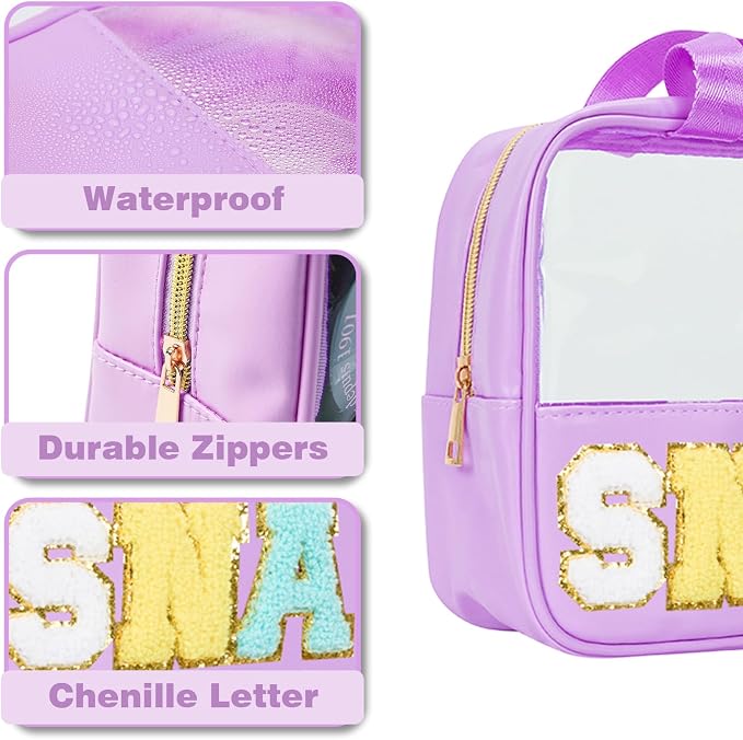 Snack Bags Chenille Letter Patch Clear Bag for Travel, Preppy Cosmetic Bag Snack pouch with Zipper, Toiletry Bag for Traveling Women, Clear Travel Bags for Toiletries (Deep Purple) - Image 3