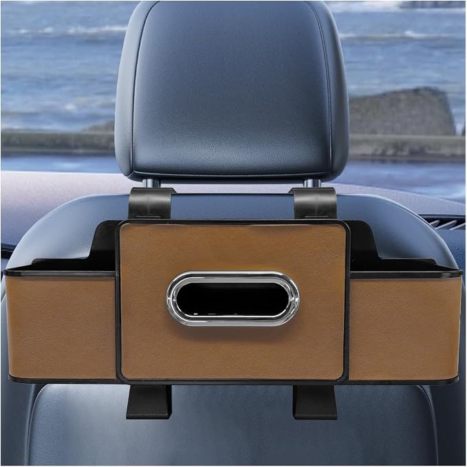 YoRise Multifunctional Car Back Seat Organizer, Leather Automotive Headrest Phone & Tissue & Cup Holder with Hooks, Family Travel Vehicle Backseat Storage Box for Drink, Snack, Handbag (Brown) by Unknown
