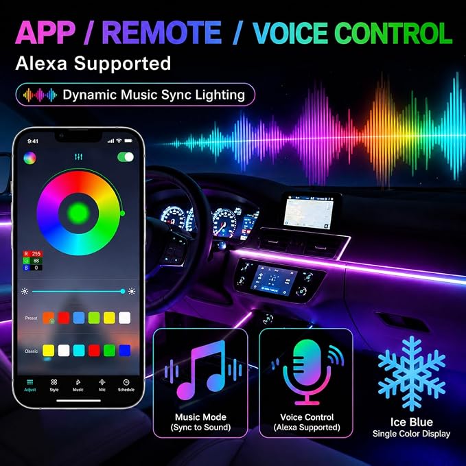 Acrylic Interior Car Ambient Lighting Kits, LED Strip Lights with Wireless APP, Neon Fiber Optic Lights Function LED Strip for Car with Music Modes (18 in 1) - Image 3