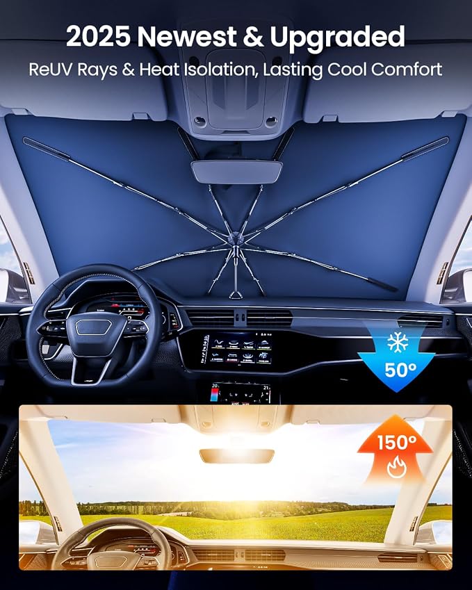 REEVAA Car Windshield Sun Shade Umbrella [Upgrade Sun Protection & Keep Cool] Protect Interior, 360° Flex Handle Sun Shield Sunshade, Small for Compact Cars - Image 2