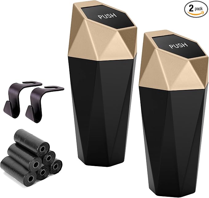 Ginsco Car Trash Can Cup Holder, 2 Pack Mini Car Trash Can with Lid, Car Accessories for Interior, Leakproof Small Trash Cup for Car, Home with Additional 2 ABS Hooks and 90pcs Trash Bags Golden by Ginsco