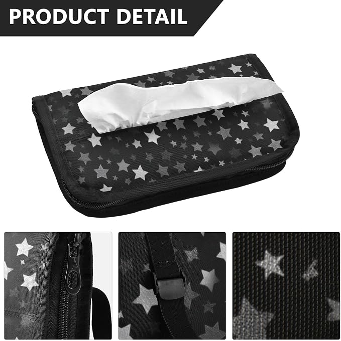 Car Tissue Holder Car Napkin Holder Car Tissue Box Dispenser Storage Case Sun Visor Mask Holder with Adjustable Straps Reusable Refillable Cute Silver and Gray Stars - Image 3