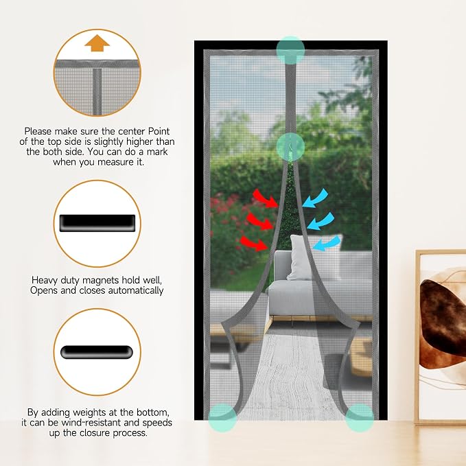 Magnetic Door Screen, Durable Reinforced Anti-Tear Mesh Self-Closing Curtain, Heavy Duty Screen Door with Full Frame Hook & Loop, Fit Door Size 38 x 82 Inch (Silver) - Image 6