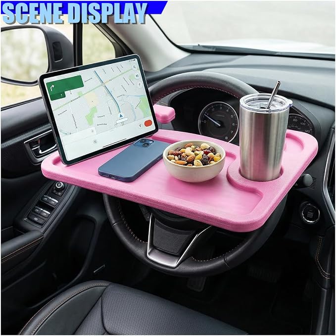 Car Steering Wheel Desk, 2 in 1 Multipurpose Auto Steering Wheel Tray with Drink Holder and Pen Slot, Portable Vehicle Computer Office Table Travel Accessories for Laptop, Food (Pink) - Image 3
