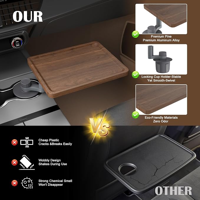 Car Tray & Car Desk for Laptop, 360° Rotating Wood Cup Holder Food Table | Anti-slip silicone mat included, Fits 2.75"-3.93" round cup holders, Compatible with Tesla Model Y/3/S & Most Vehicle - Image 4