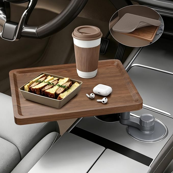 Car Tray & Car Desk for Laptop, 360° Rotating Wood Cup Holder Food Table | Anti-slip silicone mat included, Fits 2.75"-3.93" round cup holders, Compatible with Tesla Model Y/3/S & Most Vehicle by MTGSTOCL