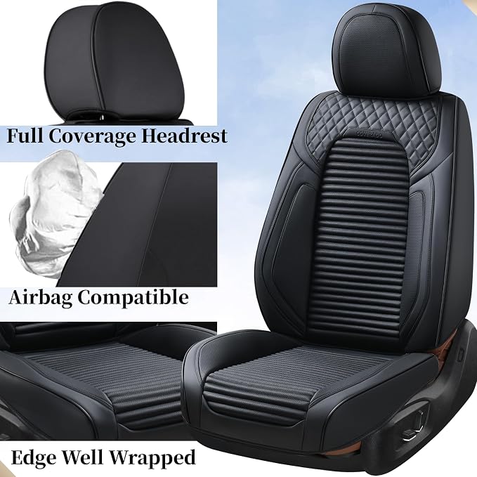 Coverado Car Seat Covers Full Set, Leather Seat Covers for Cars, Waterproof Front and Rear Automotive Seat Cover Car Accessories Universal Fit for Most Cars SUV Trucks(Black) - Image 3