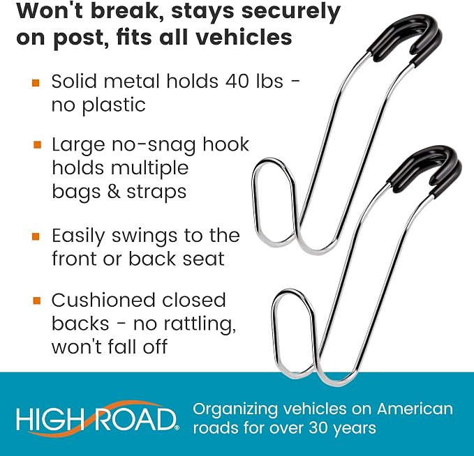 Metal Car Headrest Hooks - Bag Hooks and Hard Hat Holder for Truck | Set of 2 High Road Headrest Hooks for Car, SUV, Van or Truck - Holds up to 40 lbs, Secure Attachment Won't Fall Off - Image 2