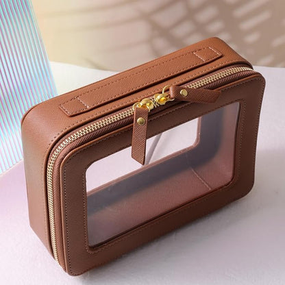 SANHECUN Toiletry bag waterproof cosmetic organizer with handle large opening for travelling car organizer (Brown) - Image 2
