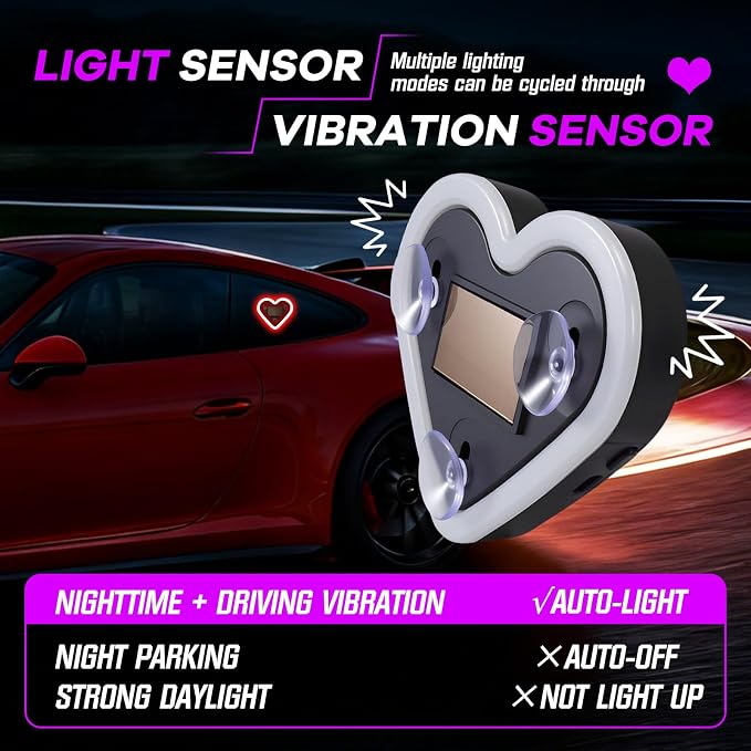 2PCS Car Window Wireless LED Ambient Light Solar Powered Love Heart Shaped Neon Lamp for Night Driving Interior Decor Accessories Romantic Gift for Women Girl Couples-Red - Image 4