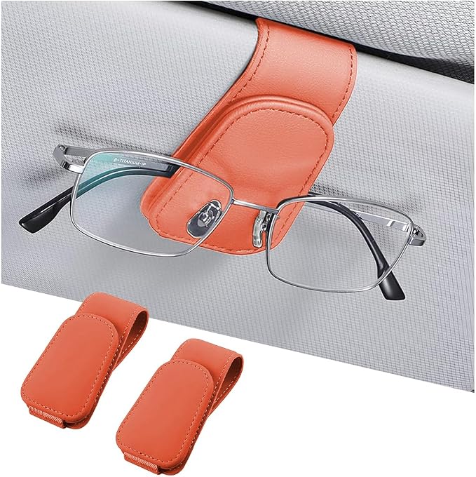 AICEL 2PCS Sunglasses Holders for Car Sun Visor, Magnetic Clip, Orange | Leather Eyeglasses Hanger Mounter, Magnetic Glasses Holder and Ticket Card Clip, Car Accessories, Universal Fit by AICEL