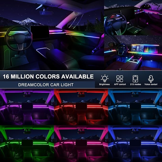 Dreamcolor Acrylic Interior Car LED Strip Light with Wireless APP, RGB 6 in 1 with 175 inches 600 LEDs Fiber Optic Car Ambient Lighting Kits, Sound Active Function LED Strip for Car Accessories - Image 3