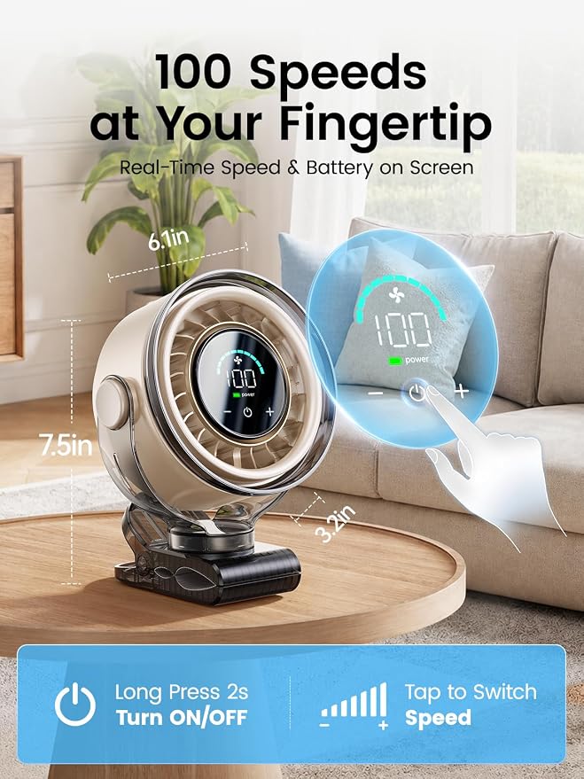 Clip on Fan, Rechargeable USB Fan with Sturdy Clamp, LED Display, 100 Speeds, 3000mAh Battery, 360° Rotation, 5.5 Inch Portable Fan for Stroller Bed Camping Treadmill Car White - Image 2