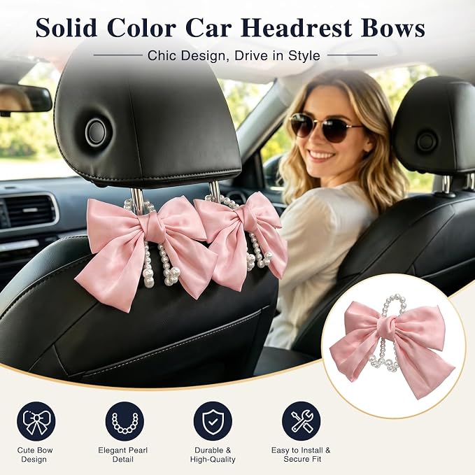 2 Pack Pearl Car Seat Headrest Hook with Bow & Sequin/Leopard/Polka Dot Design – Cute Purse Hanger for Vehicle,Grocery Bags, Umbrellas, Seat Back Organizer for Women (Pink) - Image 2