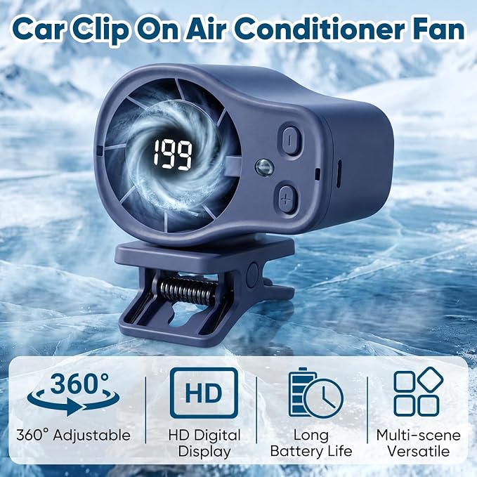 Portable Clip on Air Conditioner Fan for Car with LED Display, 360° Rotation 199 Speeds Mini Cooling Fans, USB Rechargeable Personal Fan for Car Vehicle, Travel, Stroller, Office, Camping - Image 4