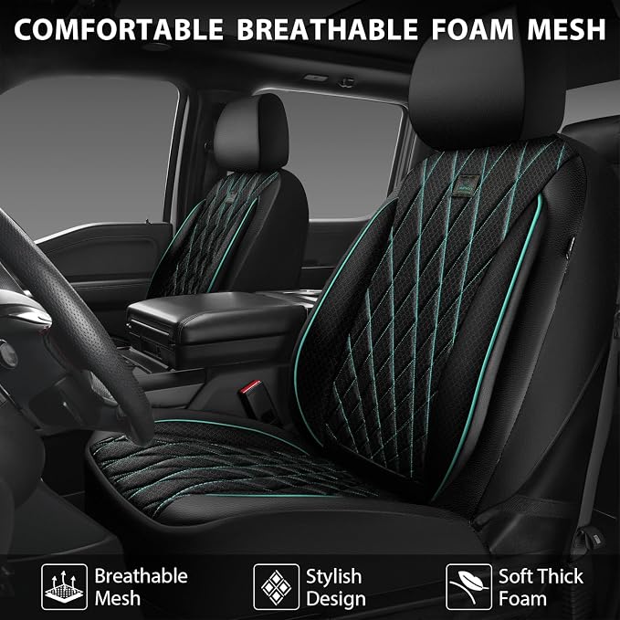 CAR PASS Thick Foam 3D Air Mesh Leather Car Seat Covers Front Seats Only, Breathable Premuim Leather Two Front Seat Cover, Airbag Compatible Universal Fit for 95% Sedan Van Truck SUV,Black and Mint - Image 3