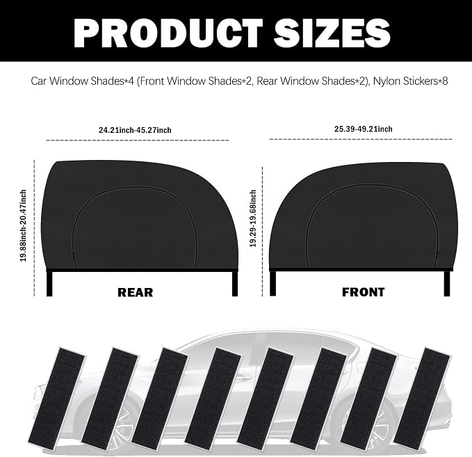 4PCS Front/Rear Car Window Shades with Zipper,Breathable Car Side Window Sun Shade for Privacy Protection,Mesh & Blackout Cars Windows Screens for Camping with Nylon Stickers - Image 2