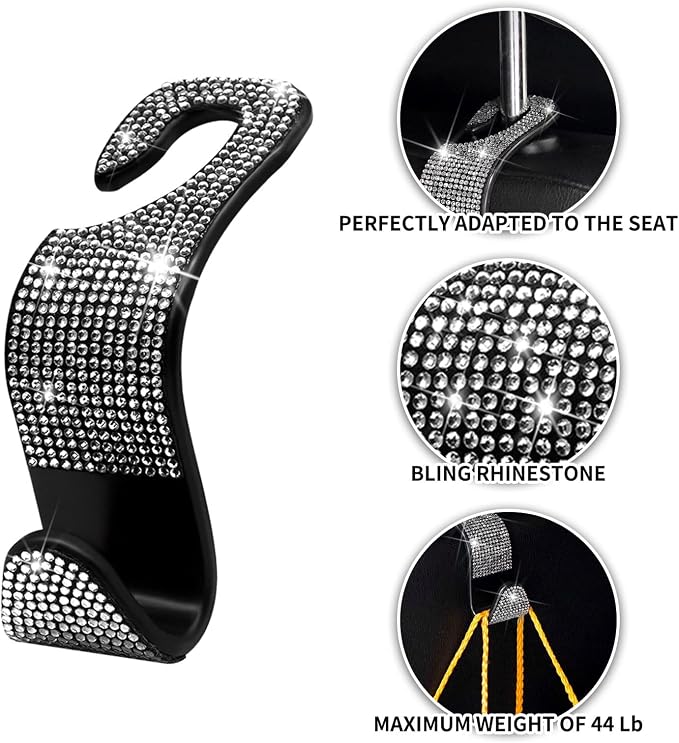 Car Purse Hook Bling Car Headrest Hook for Women Girls, 4 Packs Auto Back Seat Hangers Rear Headrest Hook for Purse, Bag, Handbag, Grocery (Silver) - Image 2