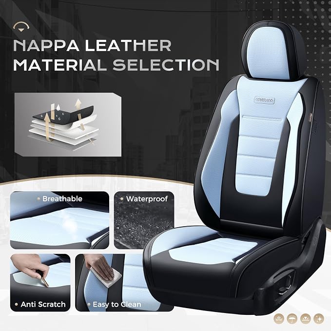 Coverado Car Seat Covers Front, Seat Covers for Cars, Waterproof 2-Pack Car Seat Cushions, Leather Carseat Seat Protectors, Universal Seat Covers Fit for Most Sedans Pick-up Trucks(Black&Light Blue) - Image 6