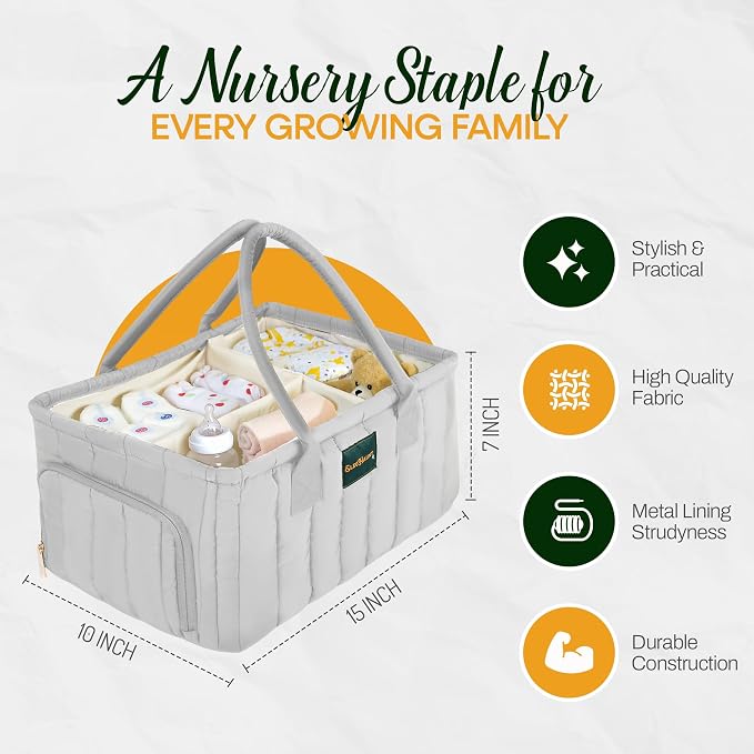 Large Diaper Caddy Organizer with Handle – Baby Basket for Nursery, Car, and Changing Table – Portable Baby Storage with Compartments – Perfect for New Parents and Baby Shower Gifts (Gray) - Image 7