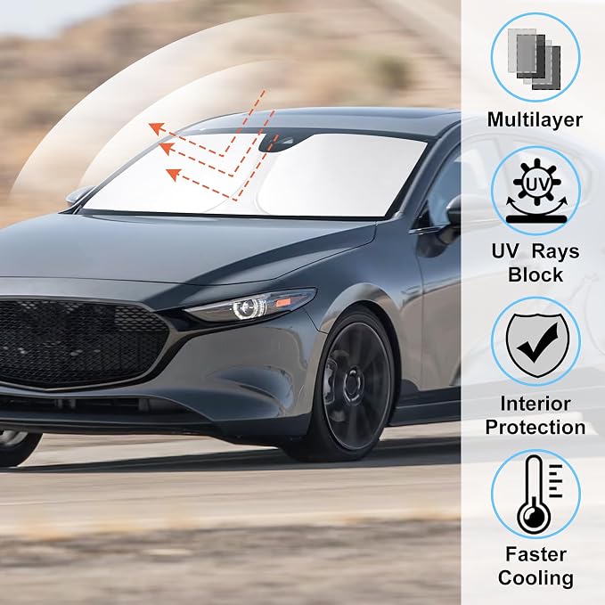 Windshield Sun Shade for 2019-2025 2026 Mazda 3 Accessories | Full covered, Foldable & Durable, Block UV Rays, Reduce Heat, Easy to install, Keep Car Cooler - Image 2